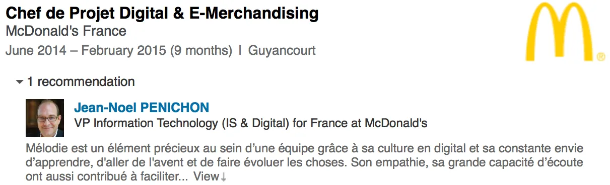 LinkedIn showing recommendation connection between Penichon and Josset