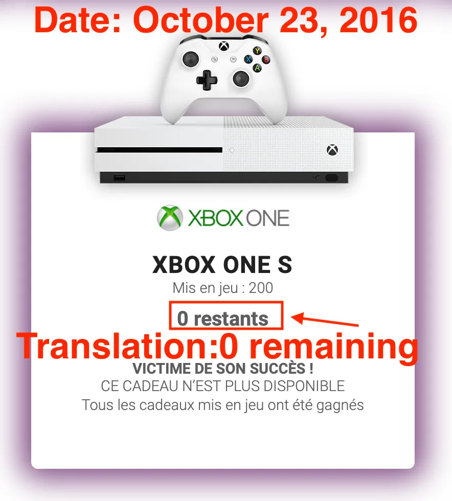 Screenshot showing McDonald's France Monopoly 2016 prizes depleted - second view